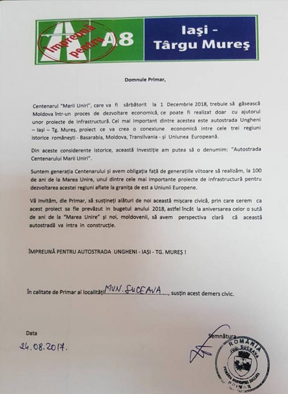 Suceava susține proiectul "Autostrada Centenarului Marii Uniri"