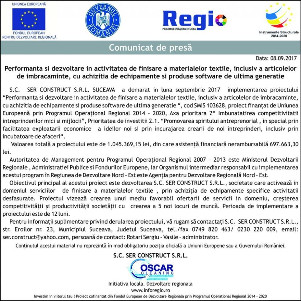 Performanta si dezvoltare in activitatea de finisare a materialelor textile, inclusiv a articolelor de imbracaminte, cu achizitia de echipamente si produse software de ultima generatie