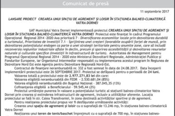 LANSARE PROIECT CREAREA UNUI SPAȚIU DE AGREMENT ȘI LOISIR ÎN STAȚIUNEA BALNEO-CLIMATERICĂ VATRA DORNEI