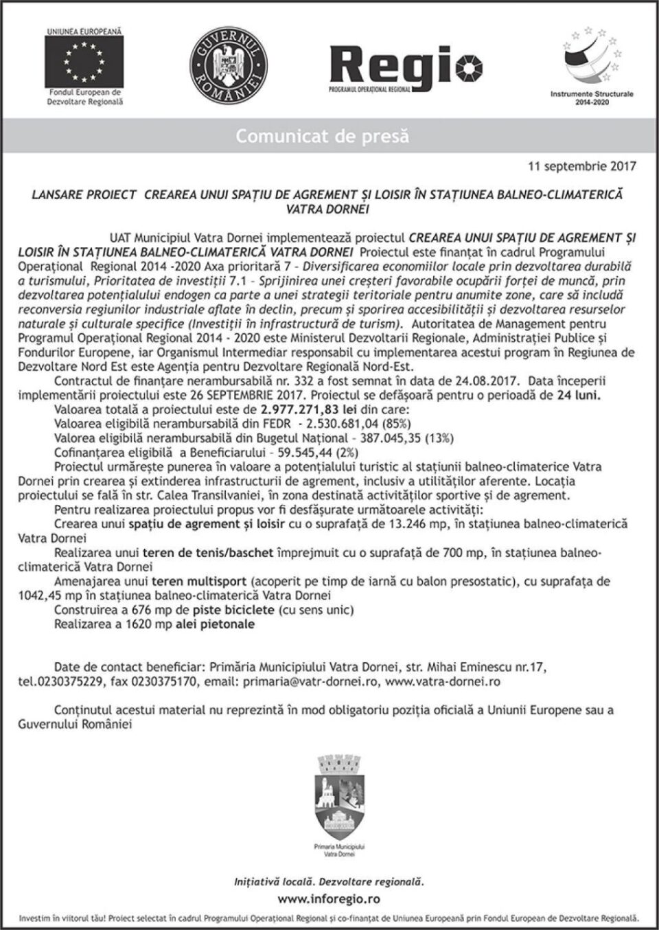 LANSARE PROIECT CREAREA UNUI SPAȚIU DE AGREMENT ȘI LOISIR ÎN STAȚIUNEA BALNEO-CLIMATERICĂ VATRA DORNEI