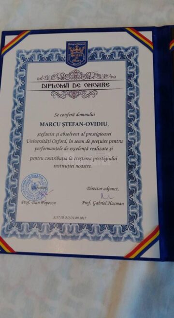 Proaspăt absolvent al Universității Oxford, laureat cu Diploma și Placheta de onoare a Colegiului „Ștefan cel Mare”