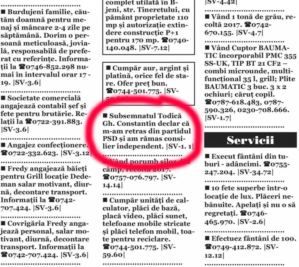 Consilierul Constantin Todică și-a anunțat demisia din PSD printr-un anunț publicat la mica publicitate Consilierul Constantin Todică și-a anunțat demisia din PSD printr-un anunț publicat la mica publicitate