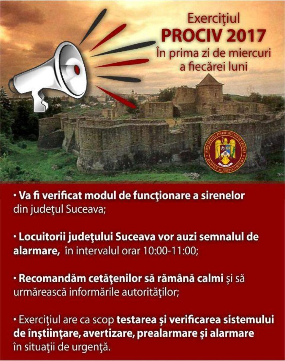 Miercuri, vor suna sirenele în tot județul, în cadrul unui exercițiu