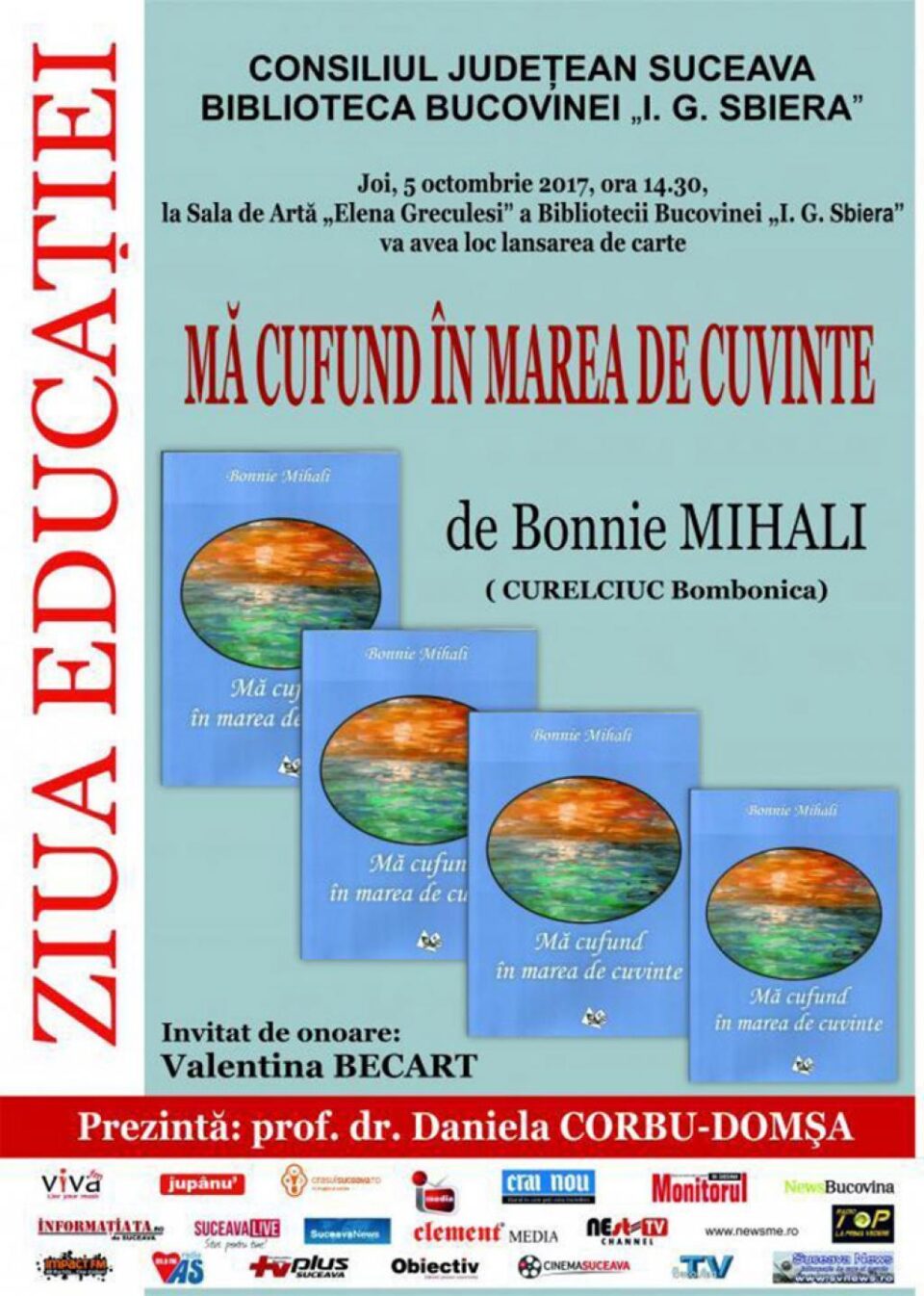 Cartea „Mă cufund în marea de cuvinte”, de Bonnie Mihali, va fi lansată la Biblioteca Bucovinei