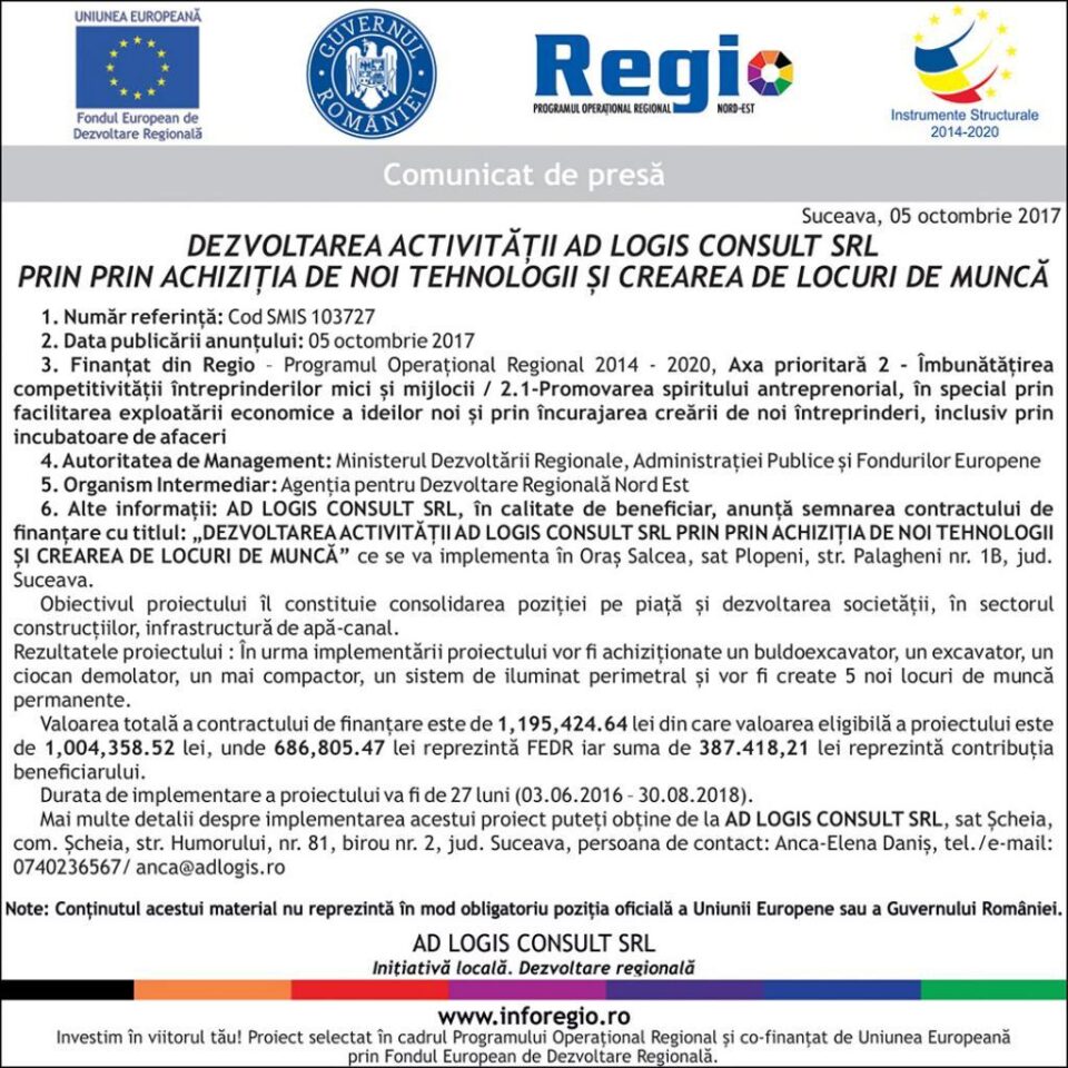 DEZVOLTAREA ACTIVITĂȚII AD LOGIS CONSULT SRL PRIN PRIN ACHIZIȚIA DE NOI TEHNOLOGII ȘI CREAREA DE LOCURI DE MUNCĂ
