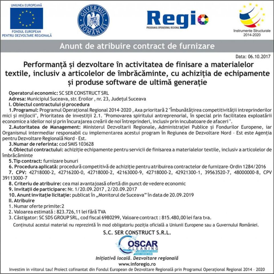 Performanță și dezvoltare în activitatea de finisare a materialelor textile, inclusiv a articolelor de îmbrăcăminte, cu achiziția de echipamente și produse software de ultimă generație