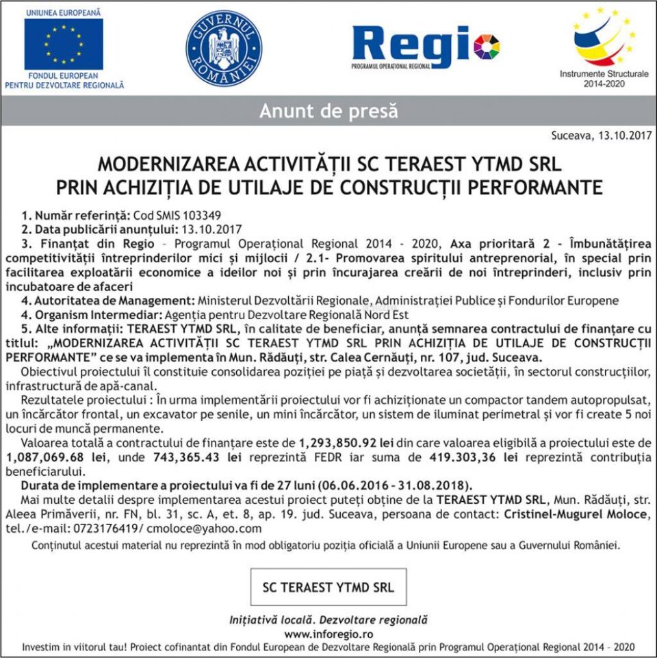 MODERNIZAREA ACTIVITĂȚII SC TERAEST YTMD SRL PRIN ACHIZIȚIA DE UTILAJE DE CONSTRUCȚII PERFORMANTE