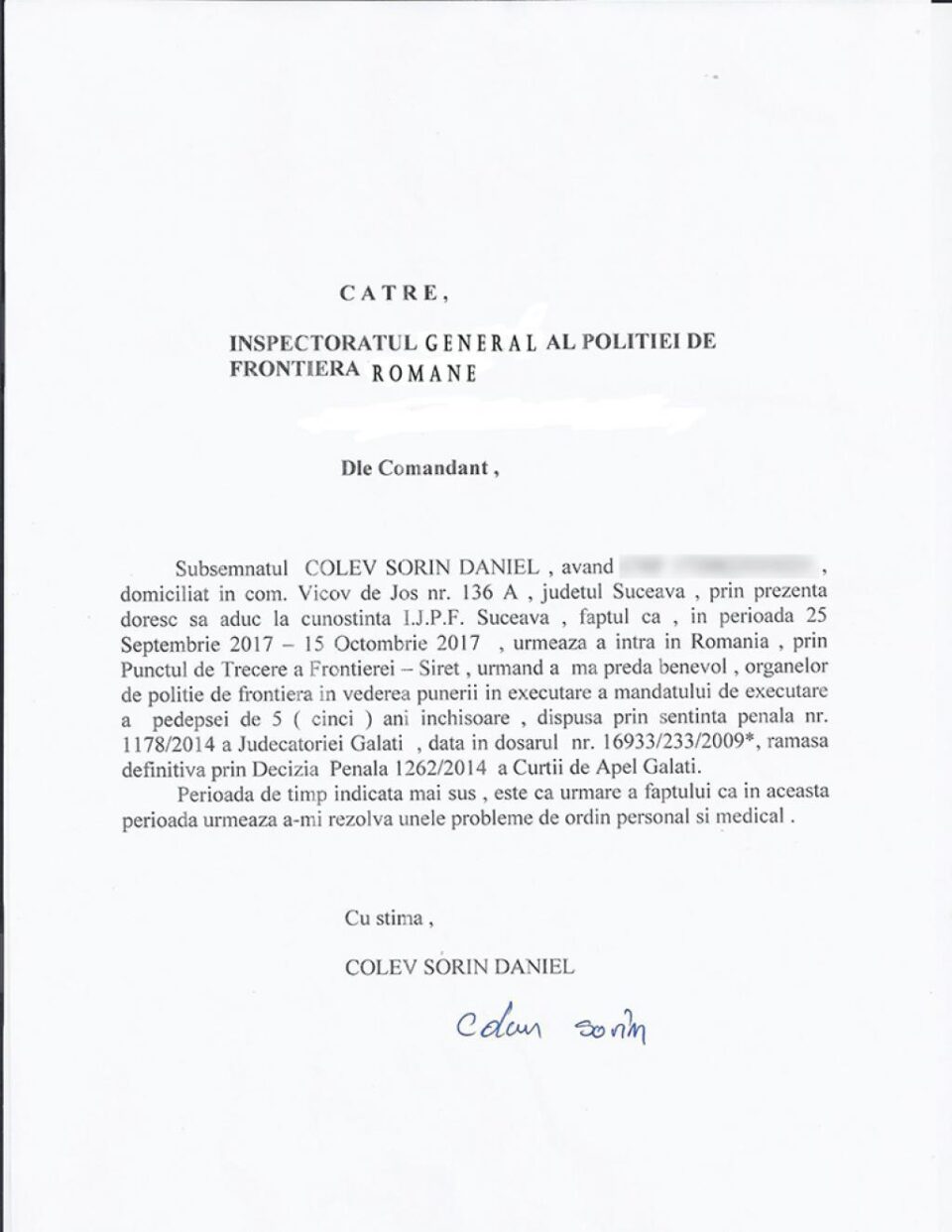 Scrisoarea trimisă Poliției de Frontieră