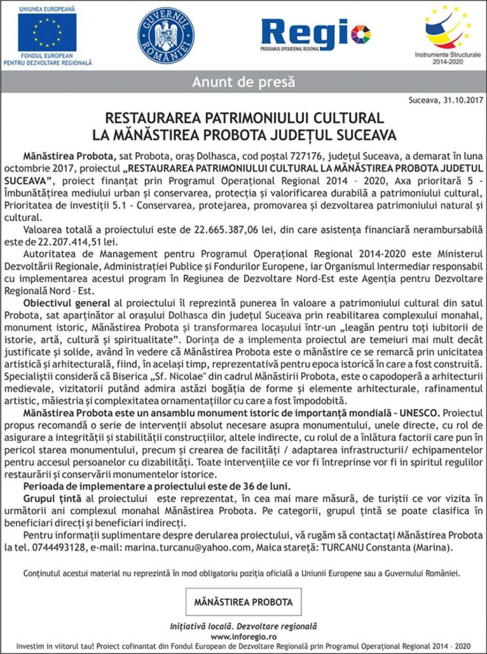 RESTAURAREA PATRIMONIULUI CULTURAL LA MĂNĂSTIREA PROBOTA JUDEȚUL SUCEAVA