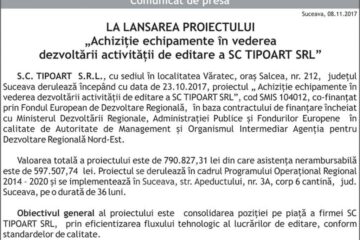 „Achiziție echipamente în vederea dezvoltării activității de editare a SC TIPOART SRL”