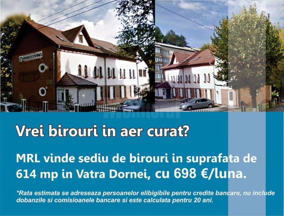 MRL vinde sediu de birouri in suprafata de 614 mp in Vatra Dornei, cu 698€/luna MRL vinde sediu de birouri in suprafata de 614 mp in Vatra Dornei, cu 698€/luna