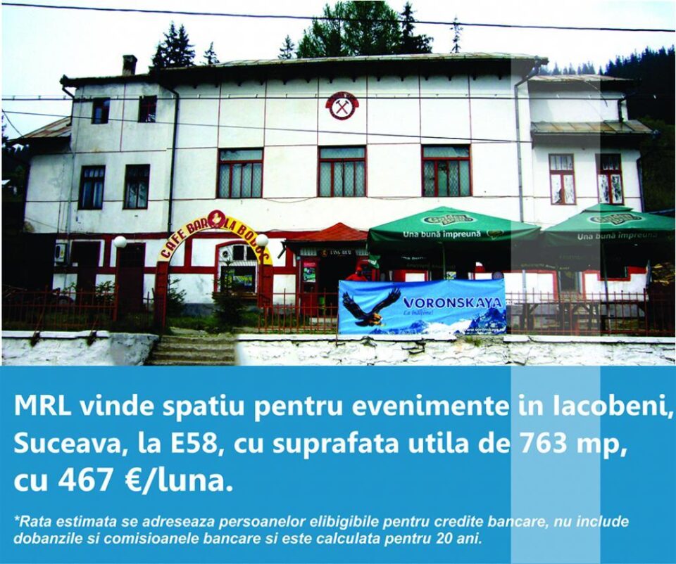 MRL vinde spatiu pentru evenimente in Iacobeni, Suceava, la E58, cu suprafata utila de 763 mp, cu 467 Euro/luna MRL vinde spatiu pentru evenimente in Iacobeni, Suceava, la E58, cu suprafata utila de 763 mp, cu 467 Euro/luna
