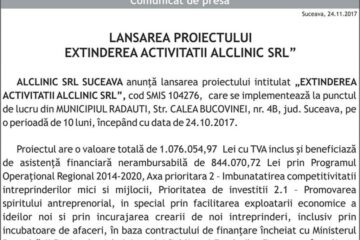LANSAREA PROIECTULUI, „EXTINDEREA ACTIVITATII ALCLINIC SRL”