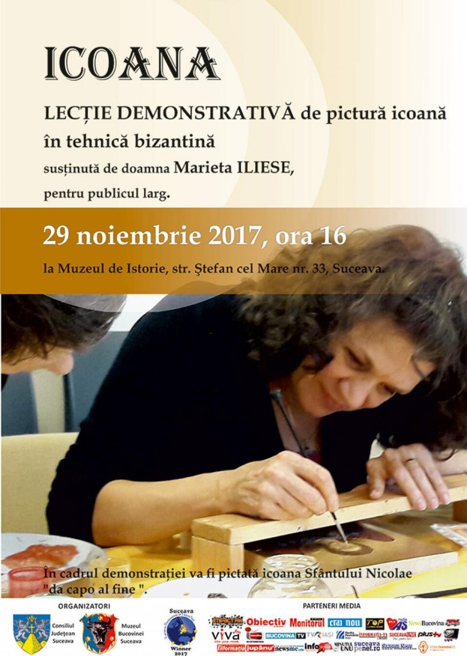 Lecție demonstrativă de pictură icoană în tehnică bizantină, la Muzeul Bucovinei