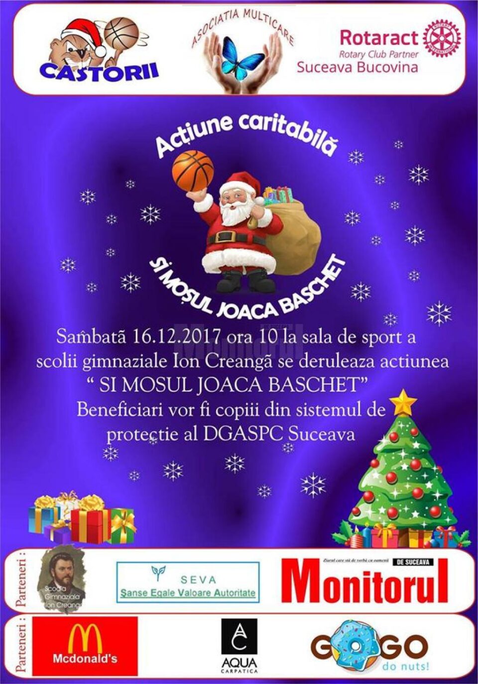 Peste 100 de copii din centrele de plasament vor fi făcuți fericiți astăzi în campania „Și moșul joacă baschet”