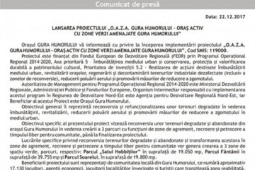 LANSAREA PROIECTULUI “O.A.Z.A. GURA HUMORULUI – ORAȘ ACTIV CU ZONE VERZI AMENAJATE GURA HUMORULUI”