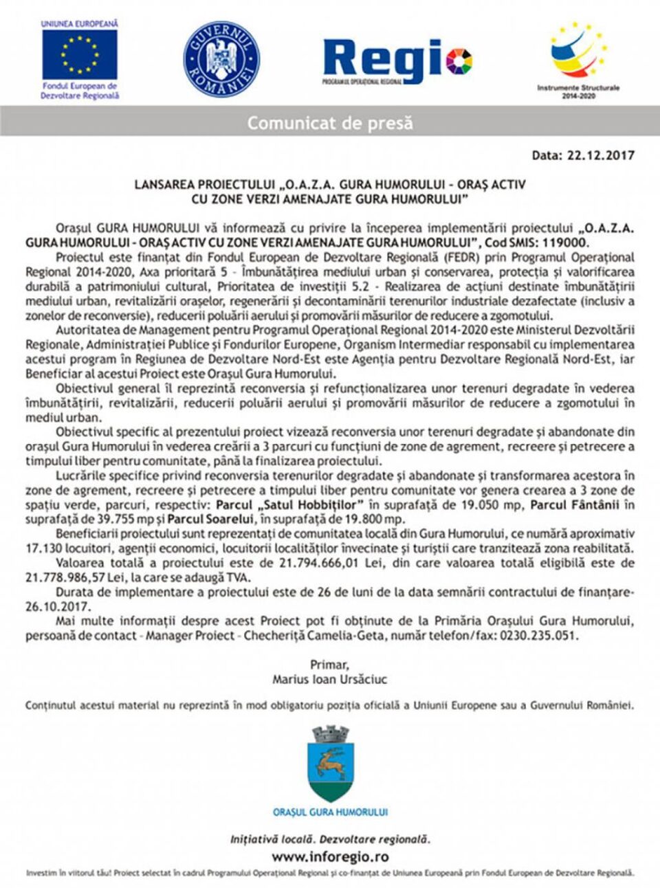 LANSAREA PROIECTULUI “O.A.Z.A. GURA HUMORULUI – ORAȘ ACTIV CU ZONE VERZI AMENAJATE GURA HUMORULUI”