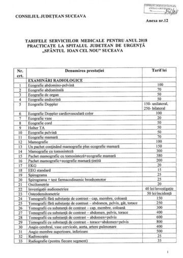 Tarifele pentru serviciile medicale la cerere, în Spitalul de Urgență Suceava