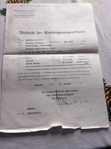 Document emis în 1941 cu numele celor trei copii Peter, Alfred și Adolf Ernst