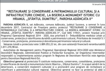 “RESTAURARE ȘI CONSERVARE A PATRIMONIULUI CULTURAL ȘI A INFRASTRUCTURII CONEXE, LA BISERICA MONUMENT ISTORIC CU HRAMUL „SFÂNTUL DUMITRU”, PAROHIA ADÂNCATA II“