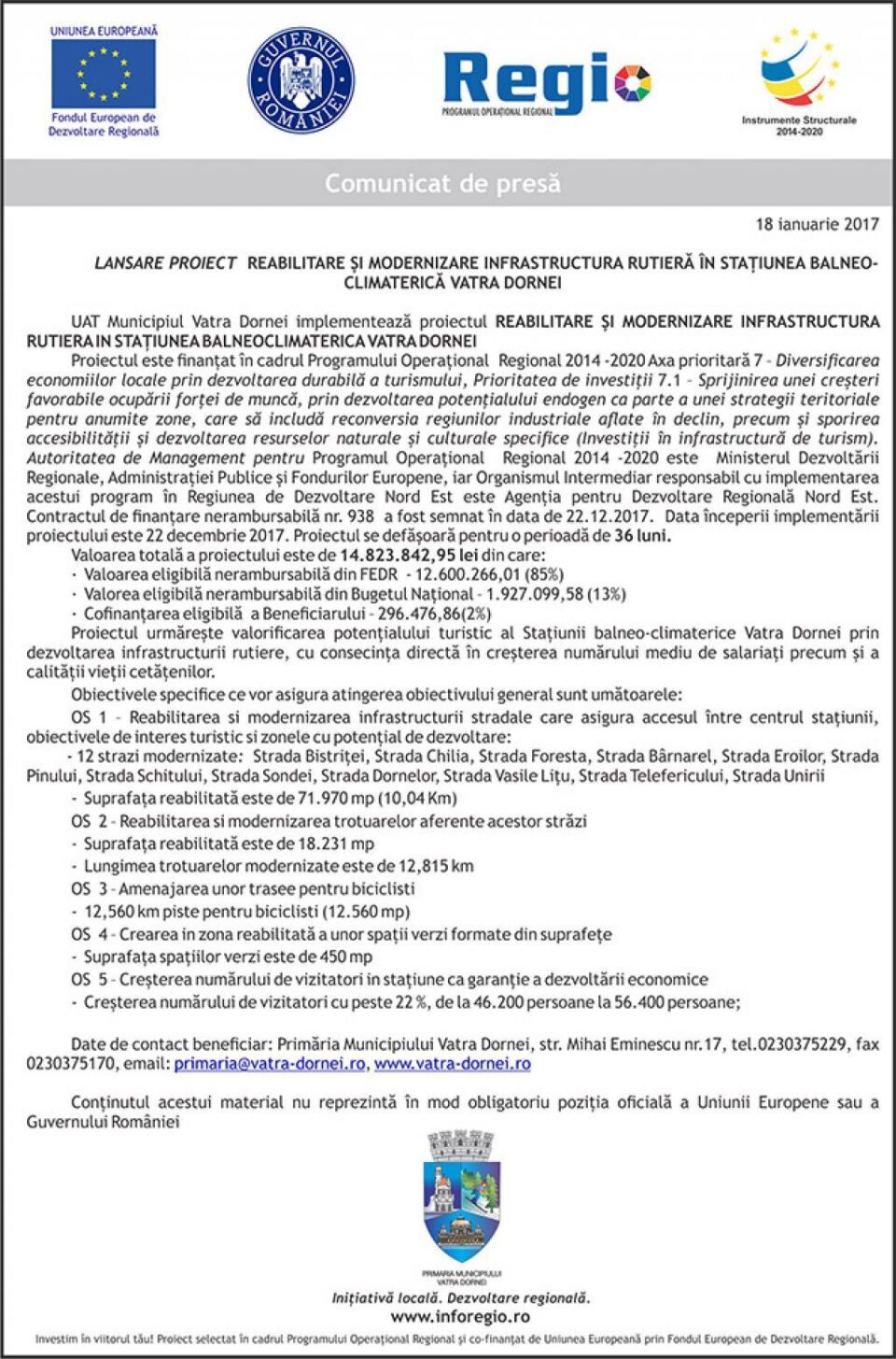 LANSARE PROIECT REABILITARE ȘI MODERNIZARE INFRASTRUCTURA RUTIERĂ ÎN STAȚIUNEA BALNEO­CLIMATERICĂ VATRA DORNEI