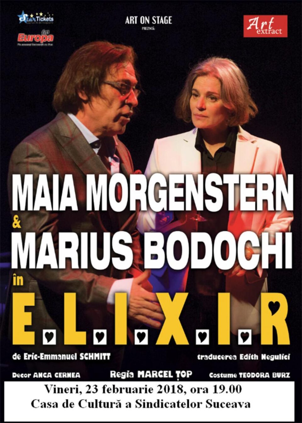 Spectacolul „Elixir" cu actorii Maia Morgenstern și Marius Bodochi, pe scena suceveană Spectacolul „Elixir" cu actorii Maia Morgenstern și Marius Bodochi, pe scena suceveană