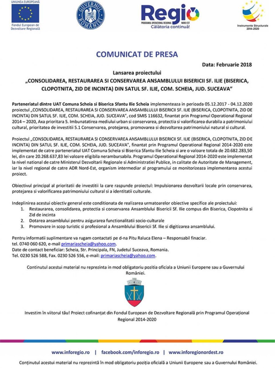 Lansarea proiectului „CONSOLIDAREA, RESTAURAREA SI CONSERVAREA ANSAMBLULUI BISERICII SF. ILIE (BISERICA, CLOPOTNITA, ZID DE INCINTA) DIN SATUL SF. ILIE, COM. SCHEIA, JUD. SUCEAVA”