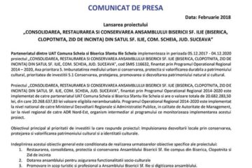 Lansarea proiectului „CONSOLIDAREA, RESTAURAREA SI CONSERVAREA ANSAMBLULUI BISERICII SF. ILIE (BISERICA, CLOPOTNITA, ZID DE INCINTA) DIN SATUL SF. ILIE, COM. SCHEIA, JUD. SUCEAVA”