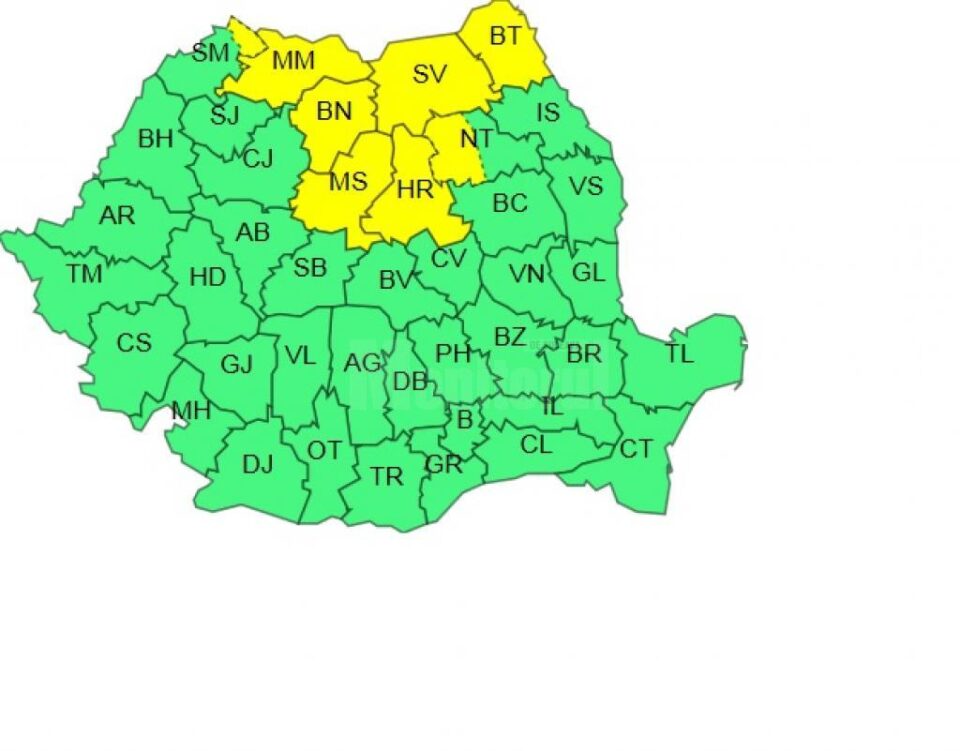 Harta judetelor afectate de Codul Galben in urmatoarele zile Harta judetelor afectate de Codul Galben in urmatoarele zile