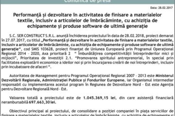 Performanță și dezvoltare în activitatea de finisare a materialelor textile, inclusiv a articolelor de îmbrăcăminte, cu achiziția de echipamente și produse software de ultimă generație