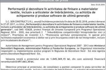 Performanță și dezvoltare în activitatea de finisare a materialelor textile, inclusiv a articolelor de îmbrăcăminte, cu achiziția de echipamente și produse software de ultimă generație