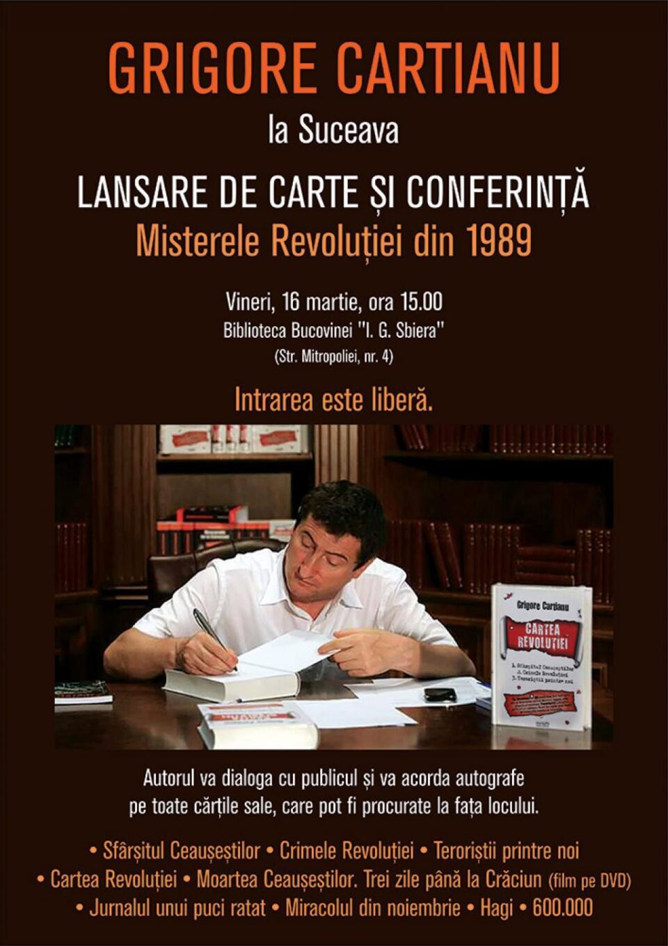 Jurnalistul și scriitorul Grigore Cartianu își lansează vineri cărțile la Biblioteca “I. G. Sbiera”