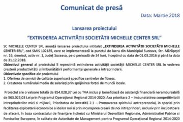 Lansarea proiectului “EXTINDEREA ACTIVITĂȚII SOCIETĂȚII MICHELLE CENTER SRL”