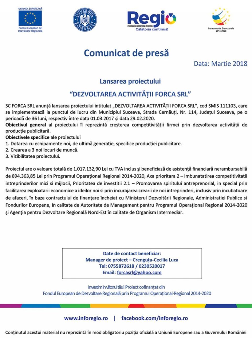Lansarea proiectului “DEZVOLTAREA ACTIVITĂȚII FORCA SRL”
