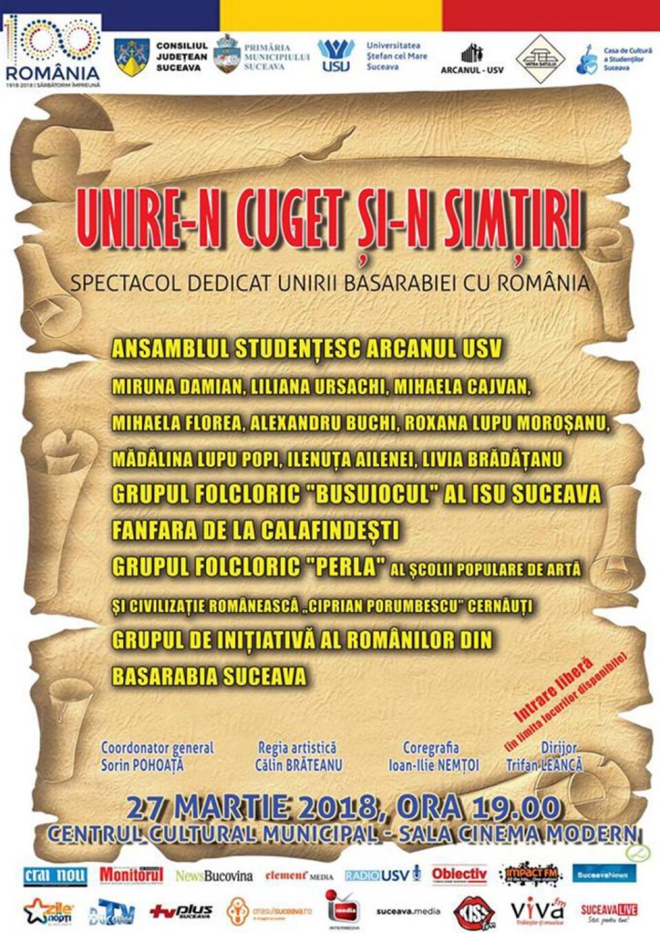 „Unire-n cuget și-n simțiri”, spectacol dedicat Unirii Basarabiei cu România, astăzi, pe scena Cinema Modern „Unire-n cuget și-n simțiri”, spectacol dedicat Unirii Basarabiei cu România, astăzi, pe scena Cinema Modern