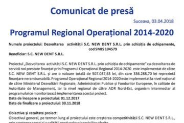 Dezvoltarea activitalii S.C. NEW DENT S.R.L. prin achizilia de echipamente, cod SMIS104579