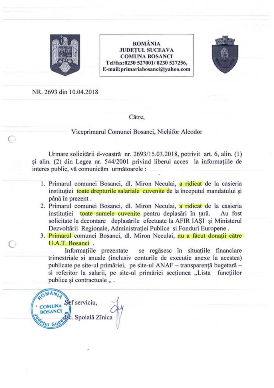 Răspunsul oficial al reprezentanților Primăriei Bosanci privind veniturile încasate de primarul Neculai Miron