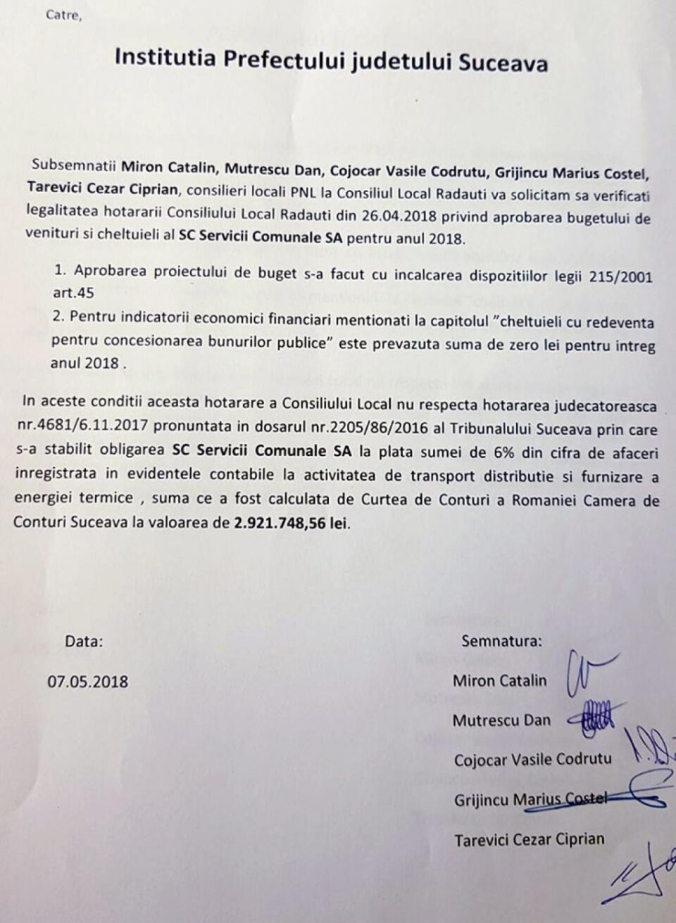 Consilierii locali liberali contestă la Prefectura Suceava bugetul de venituri și cheltuieli al SC Servicii Comunale SA Rădăuți