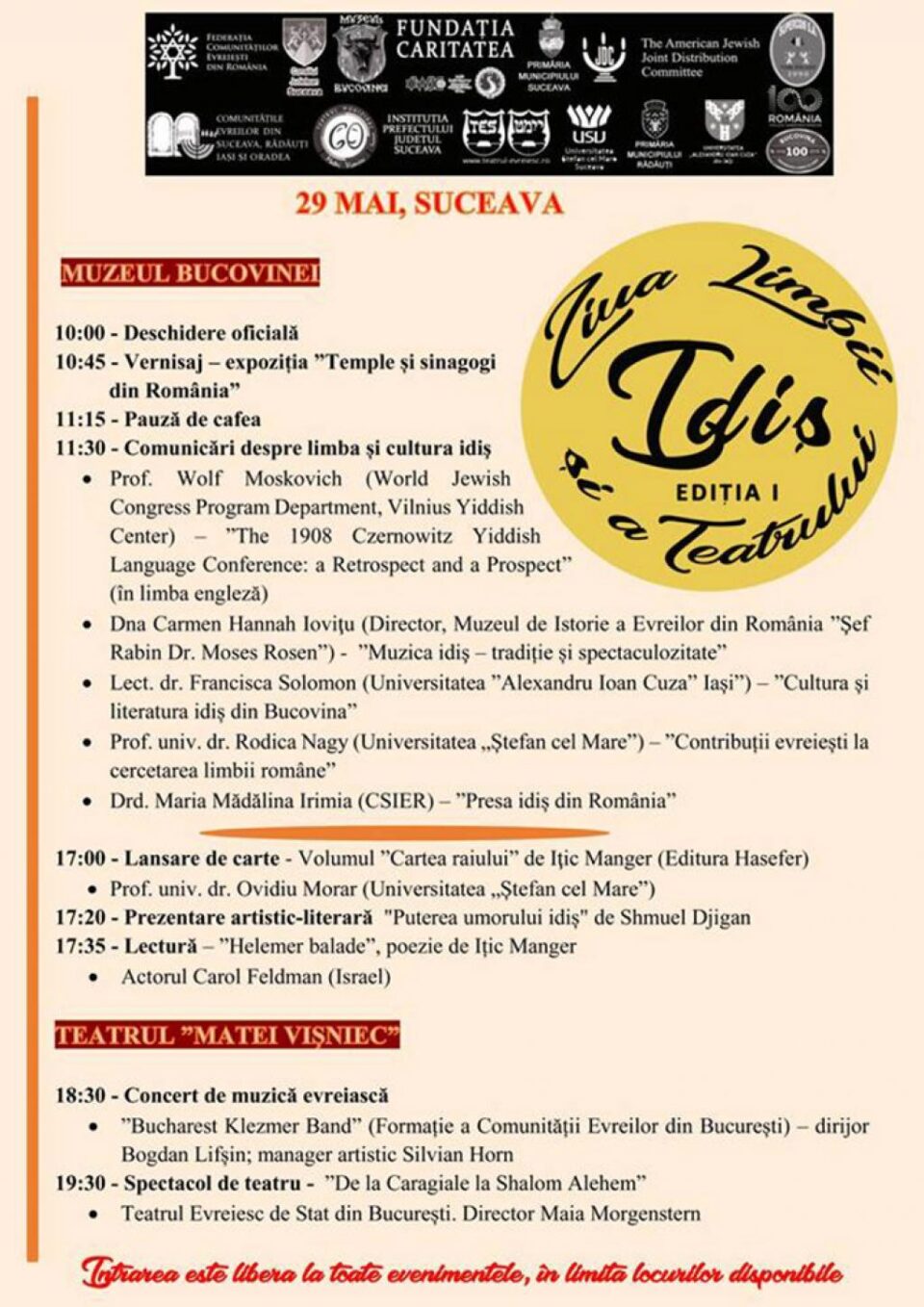 Prima ediție a Zilei limbii și teatrului idiș în România începe astăzi, de la Suceava Prima ediție a Zilei limbii și teatrului idiș în România începe astăzi, de la Suceava