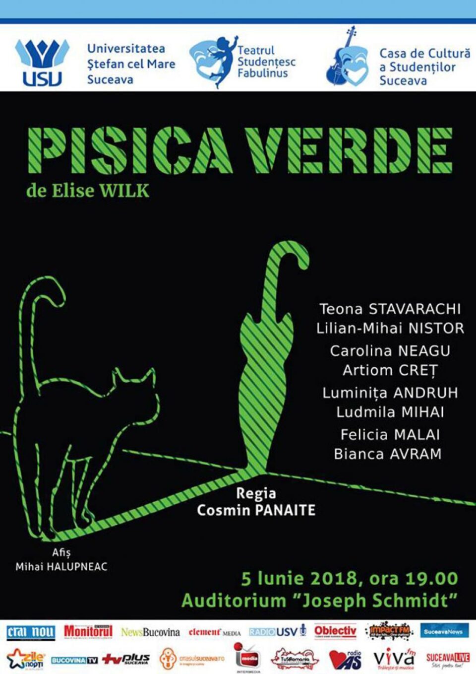 Spectacolele "Pisica verde" și "Cosmic", cu intrare gratuită, marți și miercuri, la USV