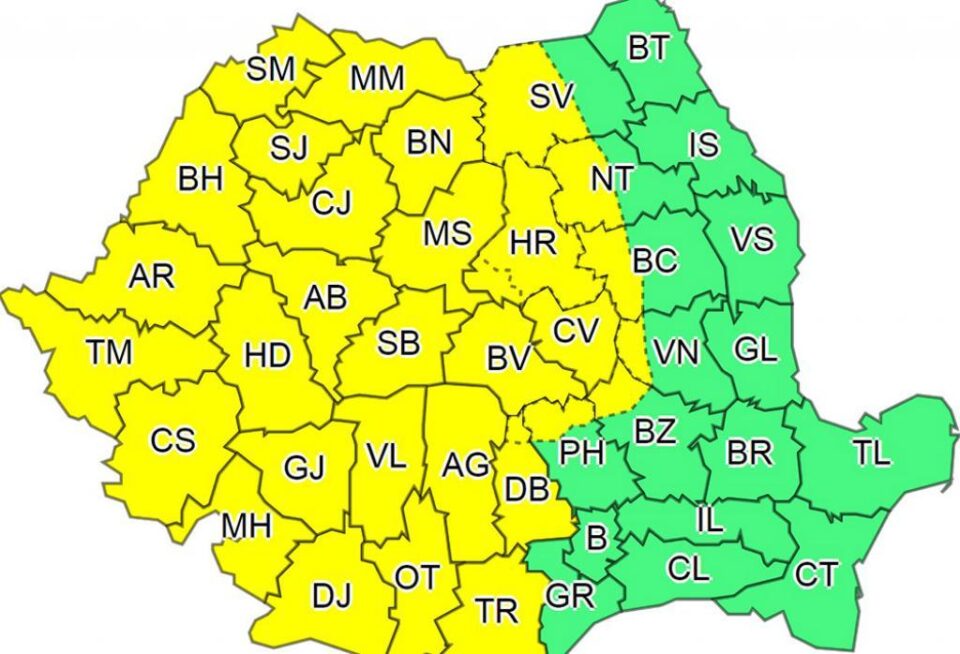 Cod galben de ploi torențiale, vijelii și căderi de grindină până vineri dimineața