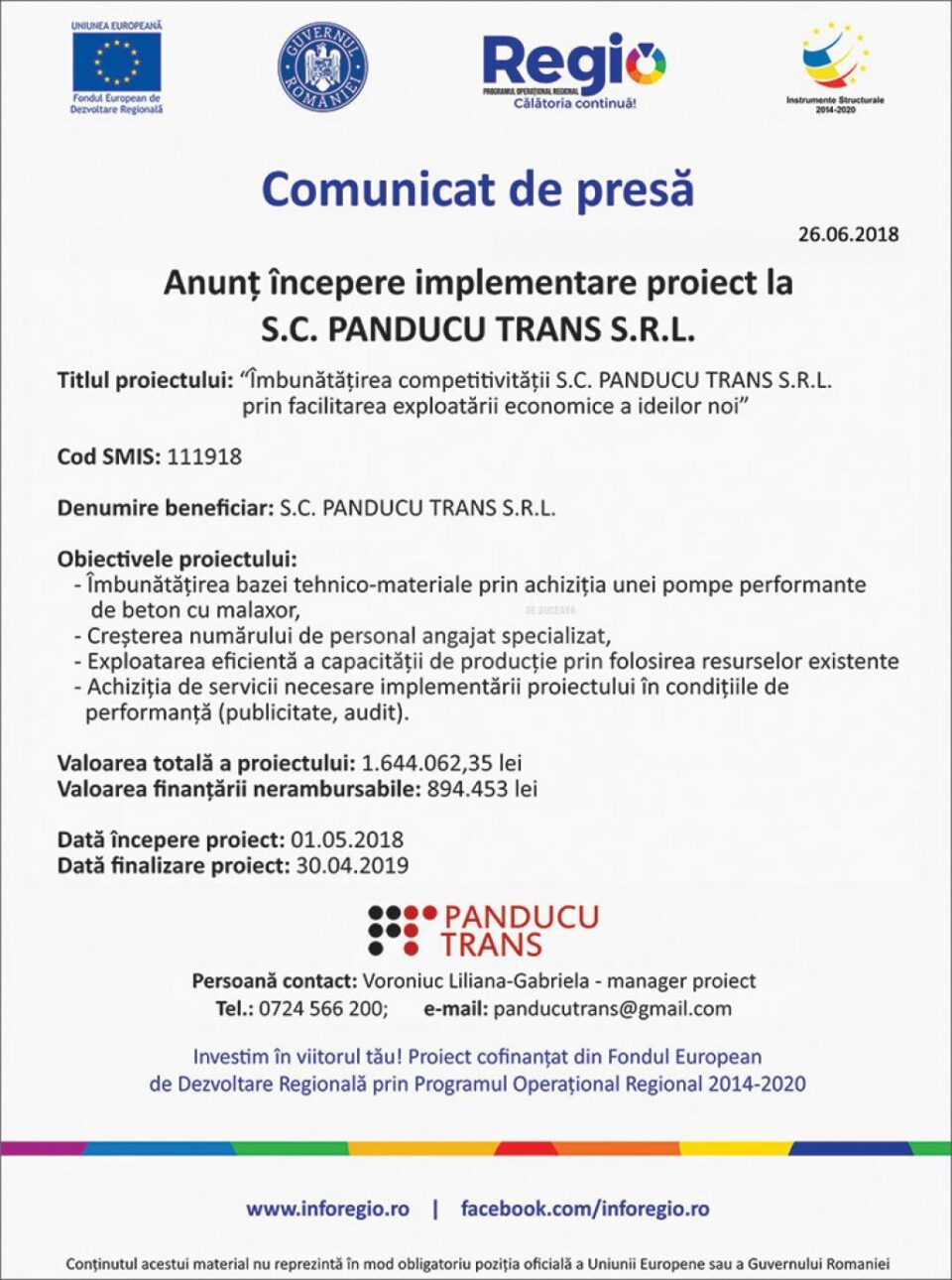 Începere implementare proiect la S.C. PANDUCU TRANS S.R.L.
