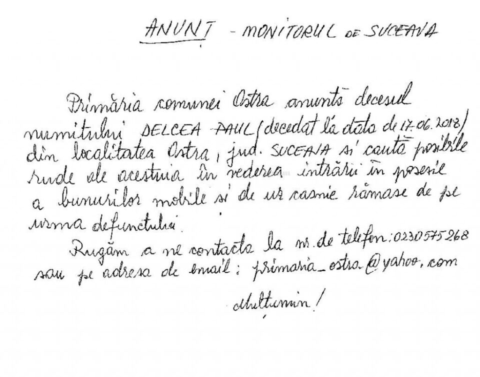 Rudele unui miner decedat, căutate prin ziar de Primăria Ostra