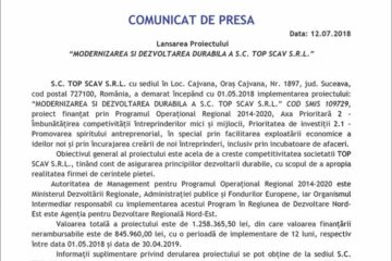 Lansarea Proiectului “MODERNIZAREA ȘI DEZVOLTAREA DURABILĂ A S.C. TOP SCAV S.R.L.”