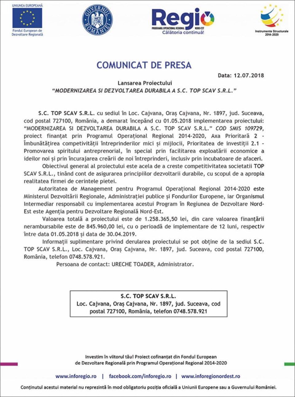Lansarea Proiectului “MODERNIZAREA ȘI DEZVOLTAREA DURABILĂ A S.C. TOP SCAV S.R.L.”