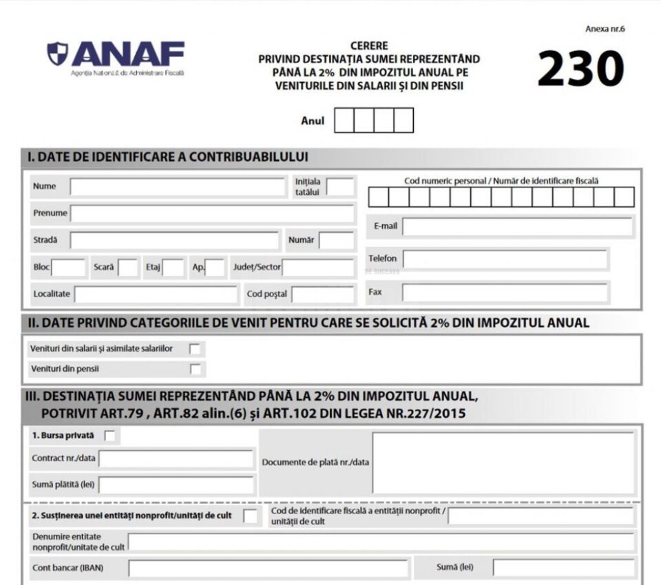 Declarația 230 pentru virarea a 2% din impozitul anual din venituri sau pensii