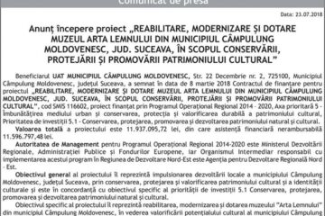 Anunț începere proiect „REABILITARE, MODERNIZARE ȘI DOTARE MUZEUL ARTA LEMNULUI DIN MUNICIPIUL CÂMPULUNG MOLDOVENESC, JUD. SUCEAVA, ÎN SCOPUL CONSERVĂRII, PROTEJĂRII ȘI PROMOVĂRII PATRIMONIULUI CULTURAL”