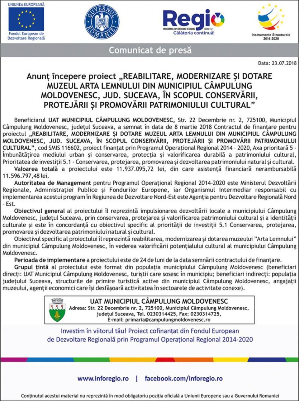 Anunț începere proiect „REABILITARE, MODERNIZARE ȘI DOTARE MUZEUL ARTA LEMNULUI DIN MUNICIPIUL CÂMPULUNG MOLDOVENESC, JUD. SUCEAVA, ÎN SCOPUL CONSERVĂRII, PROTEJĂRII ȘI PROMOVĂRII PATRIMONIULUI CULTURAL”