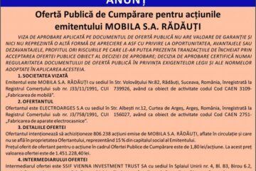 Ofertă Publică de Cumpărare pentru acțiunile emitentului MOBILA S.A. RĂDĂUȚI