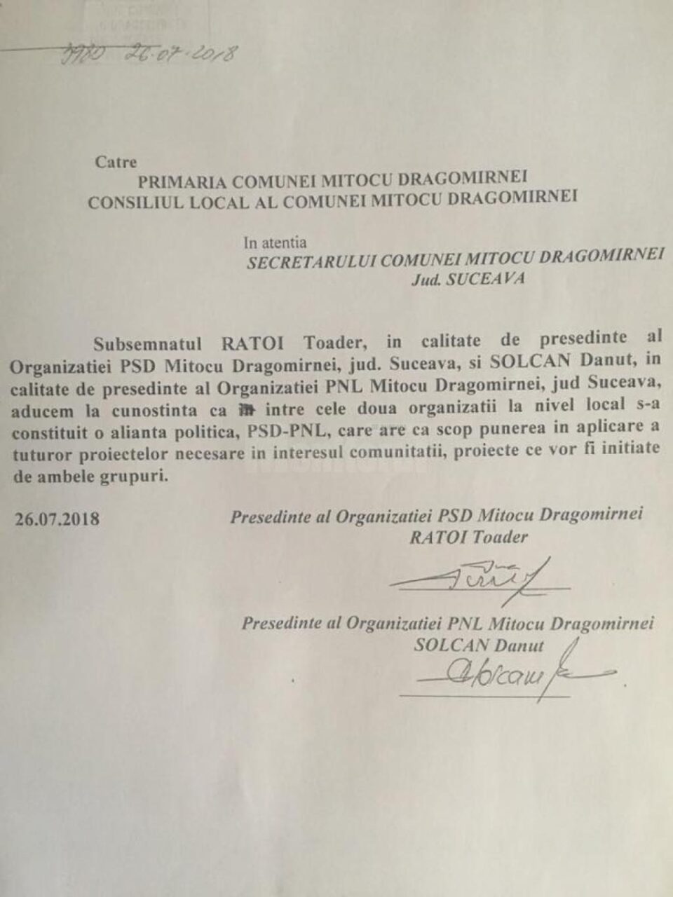 PNL și PSD au semnat un acord de colaborare la Mitocu Dragomirnei pentru schimbarea din funcție a viceprimarului PMP al comunei, Radu Reziuc